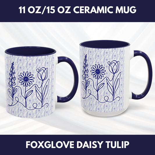 Subtle FDT Flowers Pattern Accent Coffee Mug | Foxglove Daisy Tulip Tea Cup (2 Sizes)