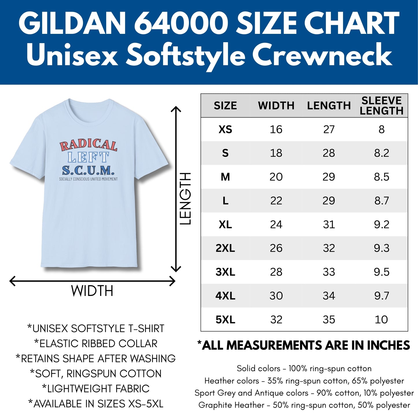 Radical Left SCUM T-Shirt | Progressive Political Statement Tee, Red & Blue Text (11 Colors)
