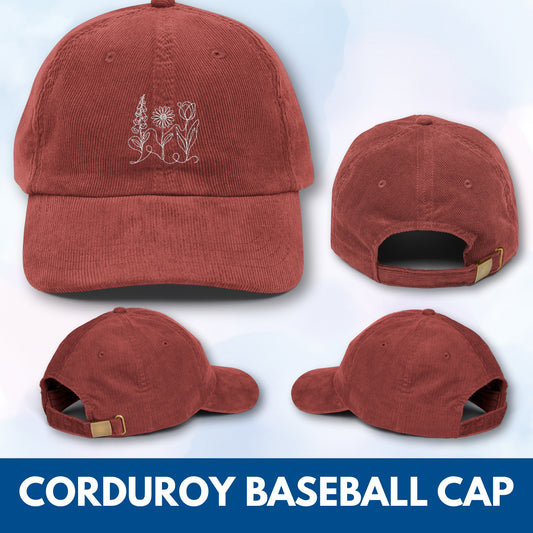 Foxglove Daisy Tulip Vintage Corduroy Baseball Cap | Subtle FDT Flowers Embroidered Hat