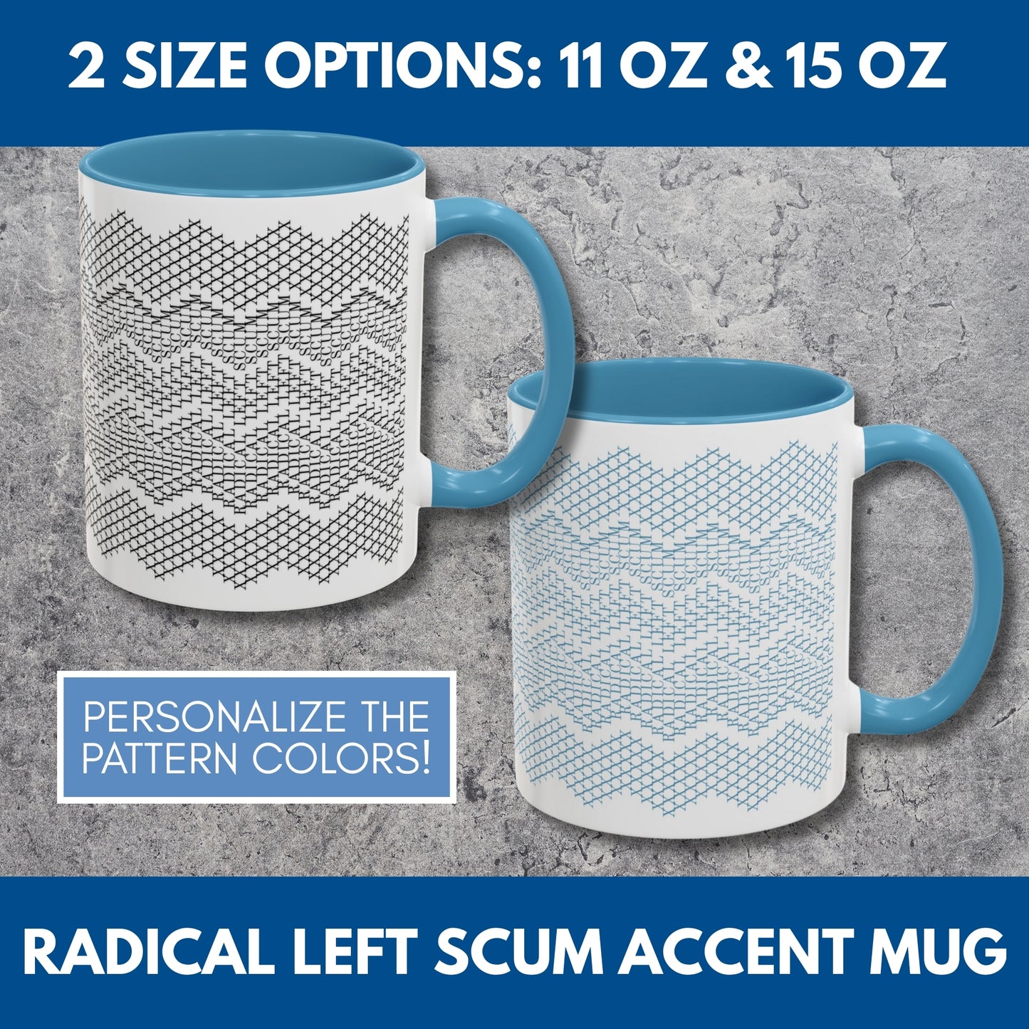 Radical Left Scum Hidden Message Mug | Black and White Knit Chevron Coffee Cup, Color Accent Handle, 11 oz/15 oz