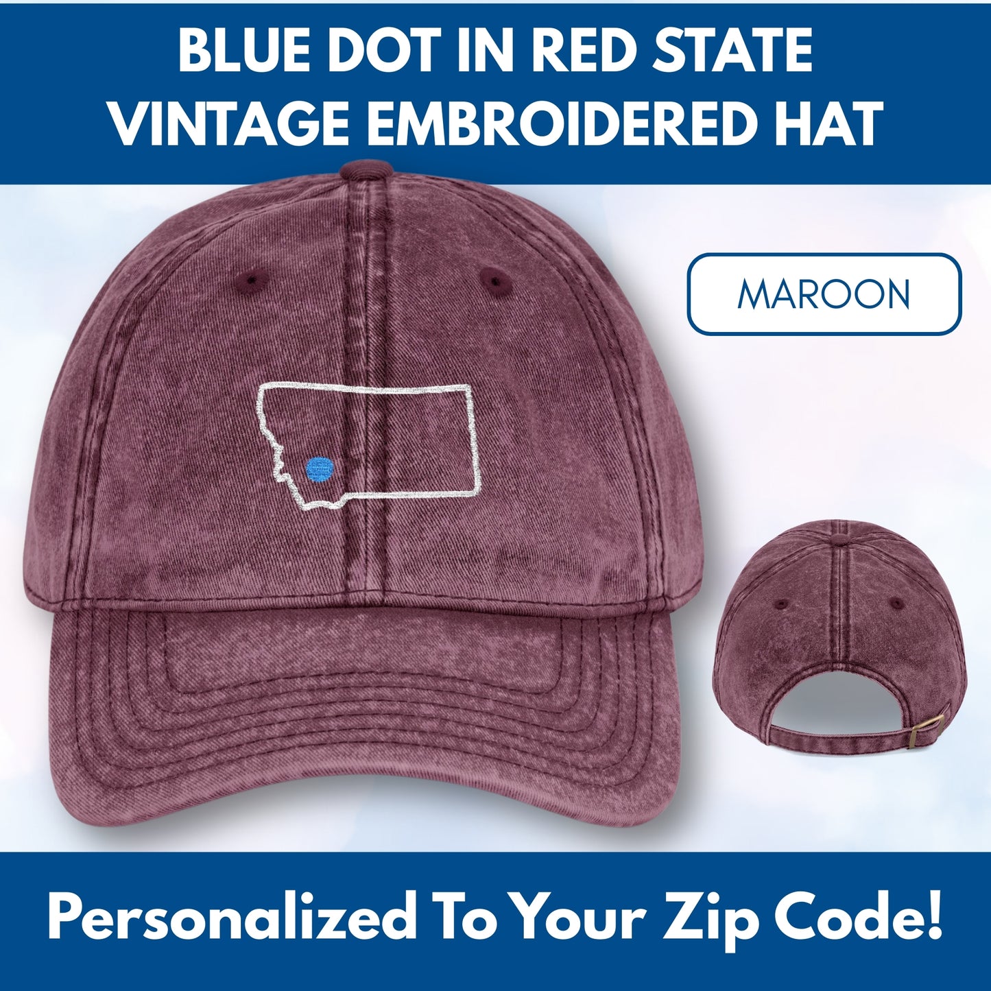 Blue Dot Red State Embroidered Vintage Dad Hat | Custom Zip Code Democratic Ball Cap