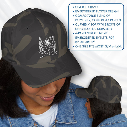 Foxglove Daisy Tulip Embroidered Baseball Cap | Subtle FDT Flowers Anti-Trump Hat (2 Sizes, Stretchy Band)