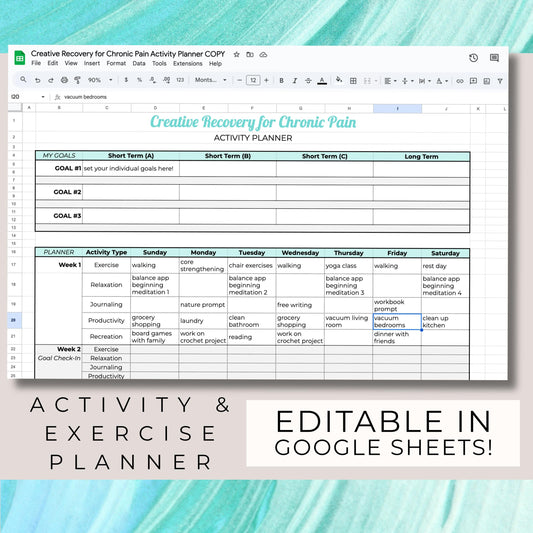 Chronic Pain Exercise & Activity Planner, Goal Tracker (PDF + Google Sheets Digital Download)