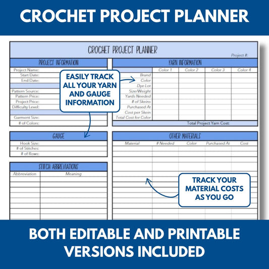 Crochet Project Planner + Craft Fair Tracker + Inventory Spreadsheet + Price Calculator (PDF, Excel, Google Sheets)