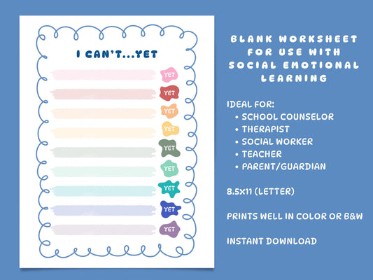 Growth Mindset Worksheet | I Can't Yet SEL Activity, Emotional Regulation Tool (Digital Download)