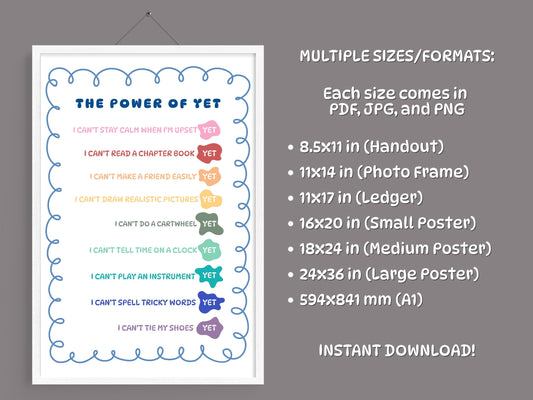 Growth Mindset Wall Art: Power of Yet, Classroom Counseling SEL Decor (Digital Download)