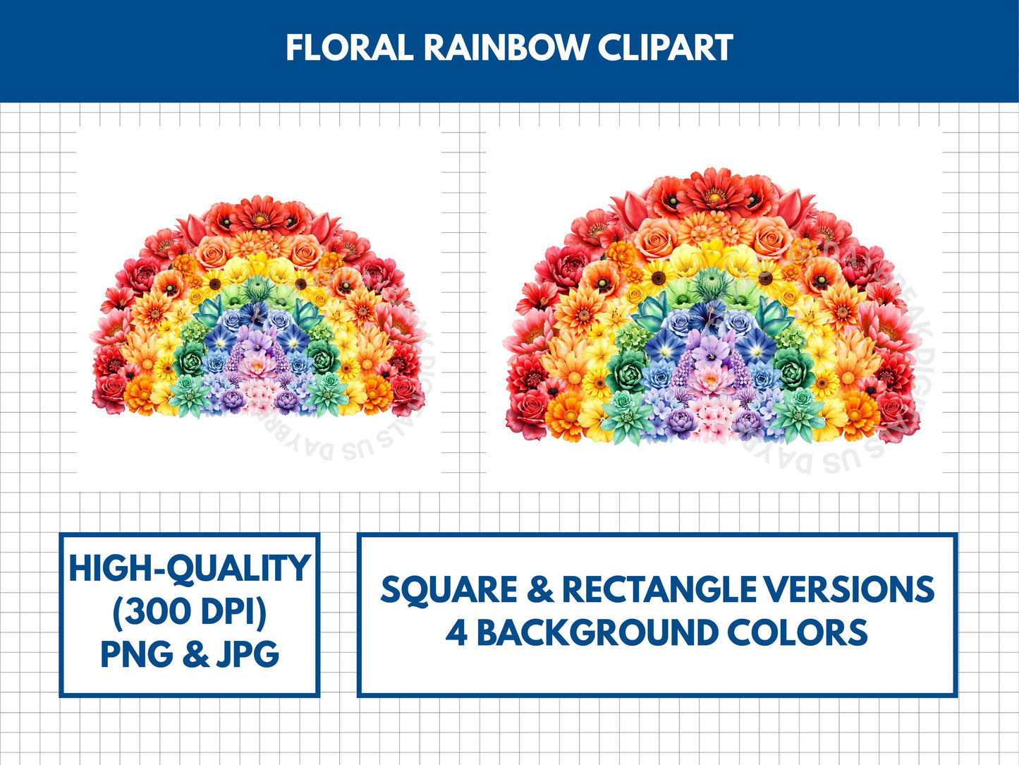 Floral Rainbow Clipart | Watercolor Flowers Image Design (Digital Download, PNG, JPG)