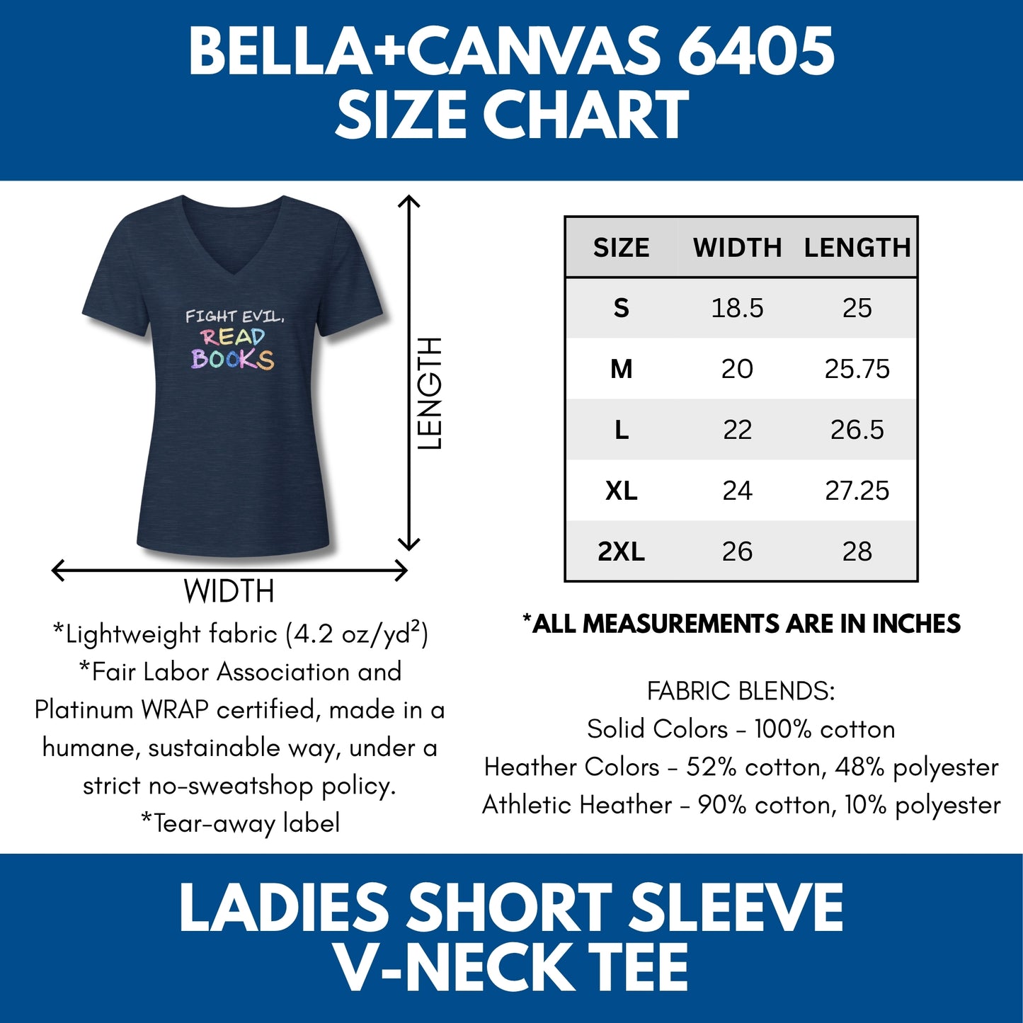 fight-evil-read-books-ladies-v-neck-tshirt-colorful-literacy-graphic-tee-bookish-apparel-bibliophile-teacher-gift-size-chart