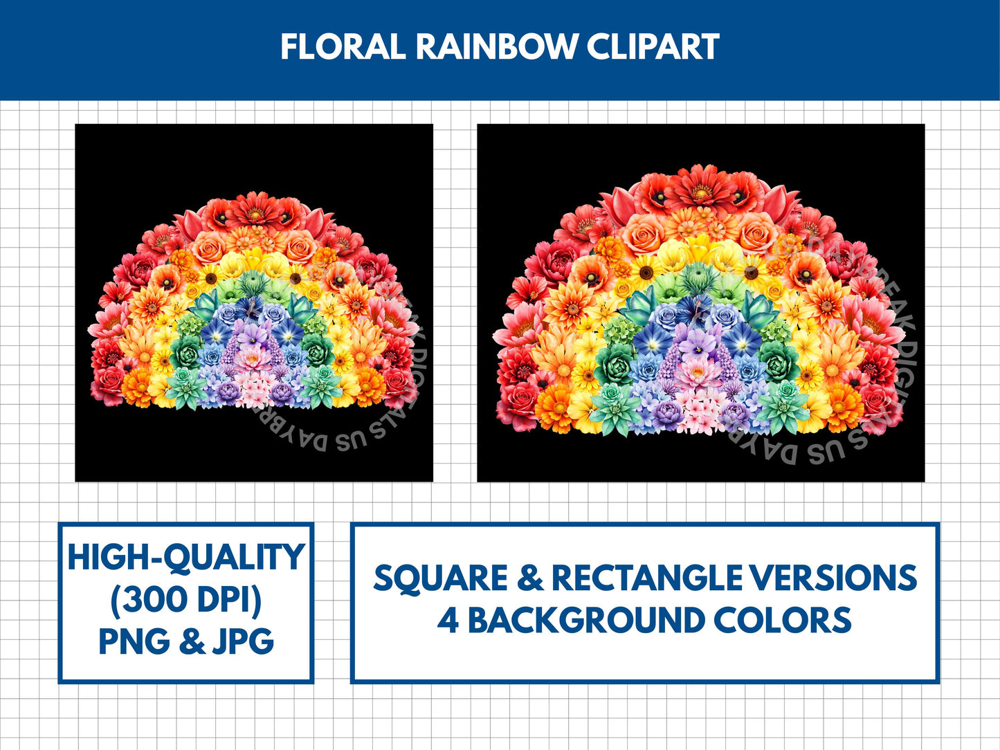 Floral Rainbow Clipart | Watercolor Flowers Image Design (Digital Download, PNG, JPG)