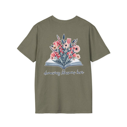Floral Book Bouquet Unisex T-Shirt | Democracy Blossoms Here - Foxglove Daisy Tulip