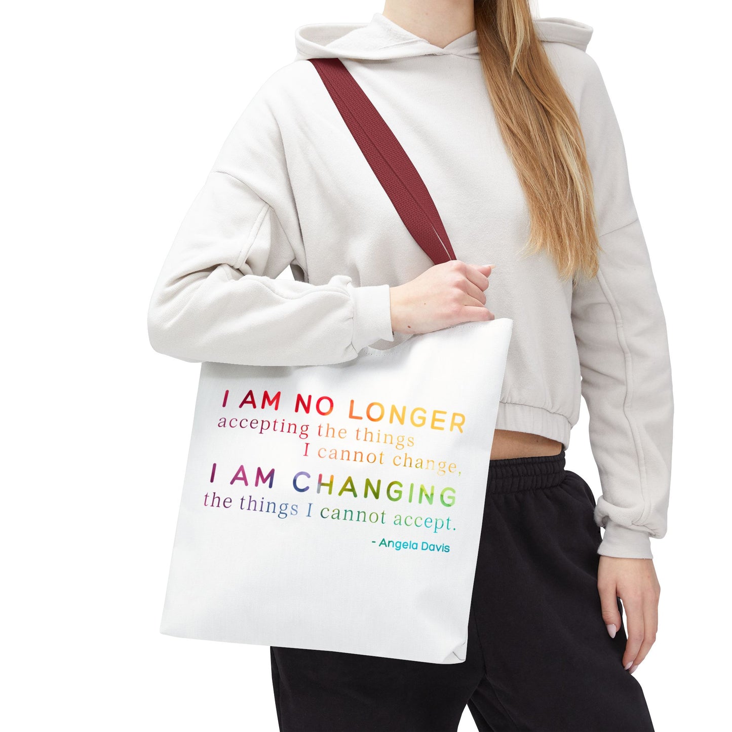 No Longer Accepting, I Am Changing Tote Bag | White/Rainbow Angela Davis Quote Political Activist Carry All