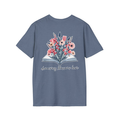 Floral Book Bouquet Unisex T-Shirt | Democracy Blossoms Here - Foxglove Daisy Tulip