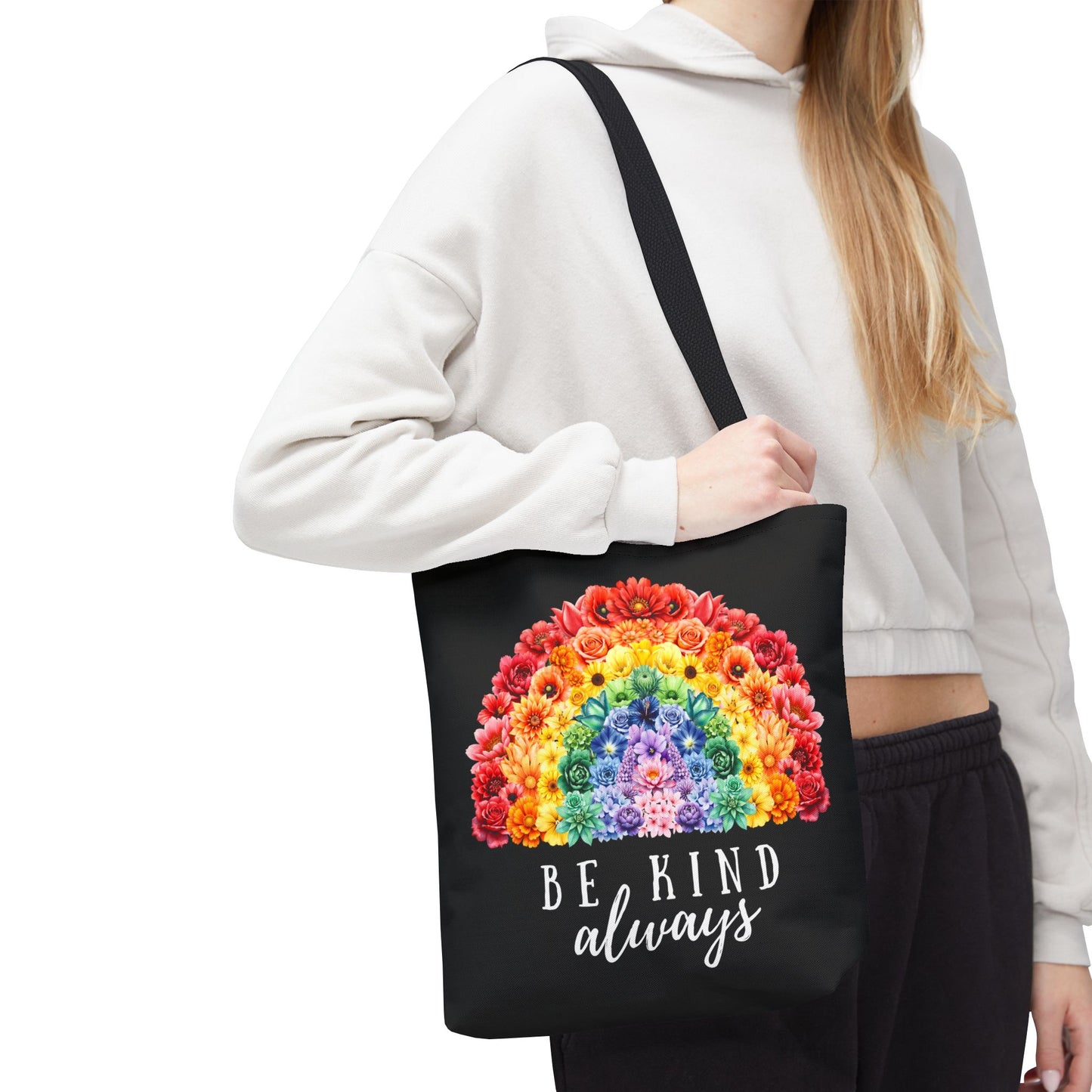 Be Kind Floral Rainbow Tote Bag | Eco-Friendly Reusable Shopping Bag, Beach Tote, Library Bag