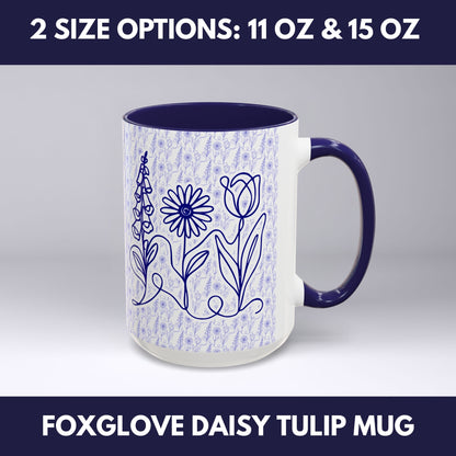 Subtle FDT Flowers Pattern Accent Coffee Mug | Foxglove Daisy Tulip Tea Cup (2 Sizes)