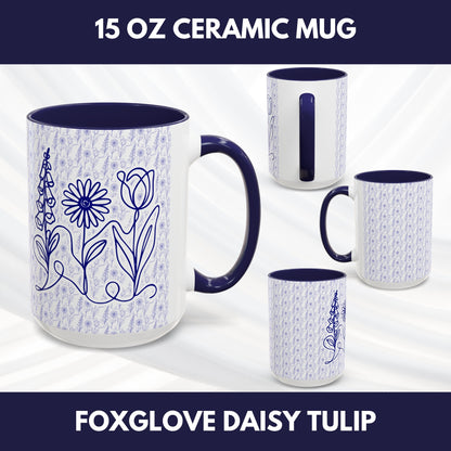 Subtle FDT Flowers Pattern Accent Coffee Mug | Foxglove Daisy Tulip Tea Cup (2 Sizes)