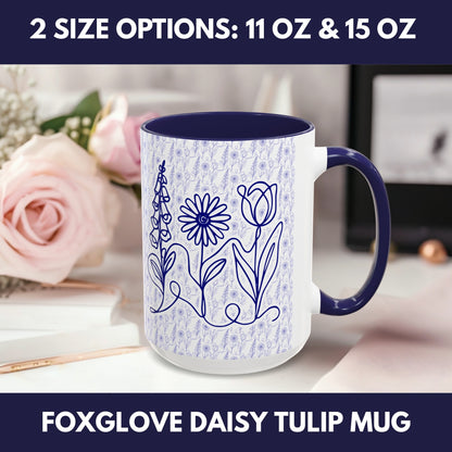 Subtle FDT Flowers Pattern Accent Coffee Mug | Foxglove Daisy Tulip Tea Cup (2 Sizes)