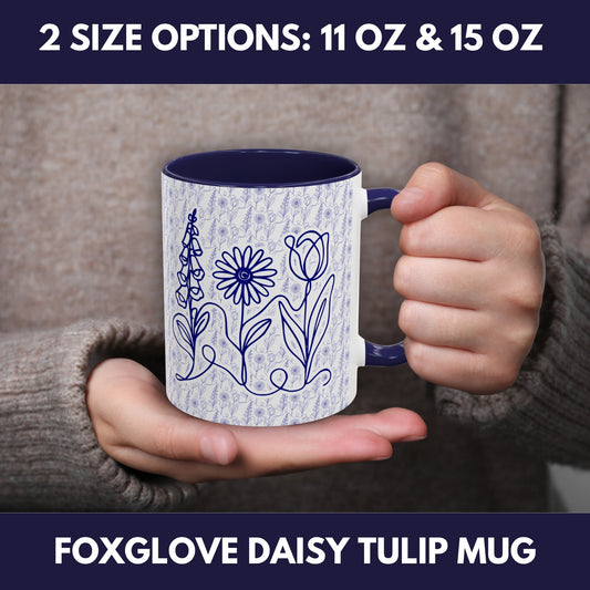 Subtle FDT Flowers Pattern Accent Coffee Mug | Foxglove Daisy Tulip Tea Cup (2 Sizes)