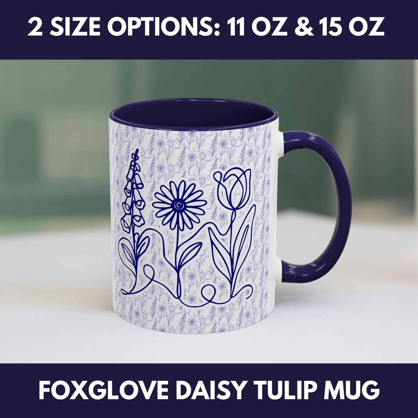 Subtle FDT Flowers Pattern Accent Coffee Mug | Foxglove Daisy Tulip Tea Cup (2 Sizes)