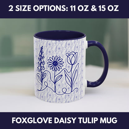 Subtle FDT Flowers Pattern Accent Coffee Mug | Foxglove Daisy Tulip Tea Cup (2 Sizes)