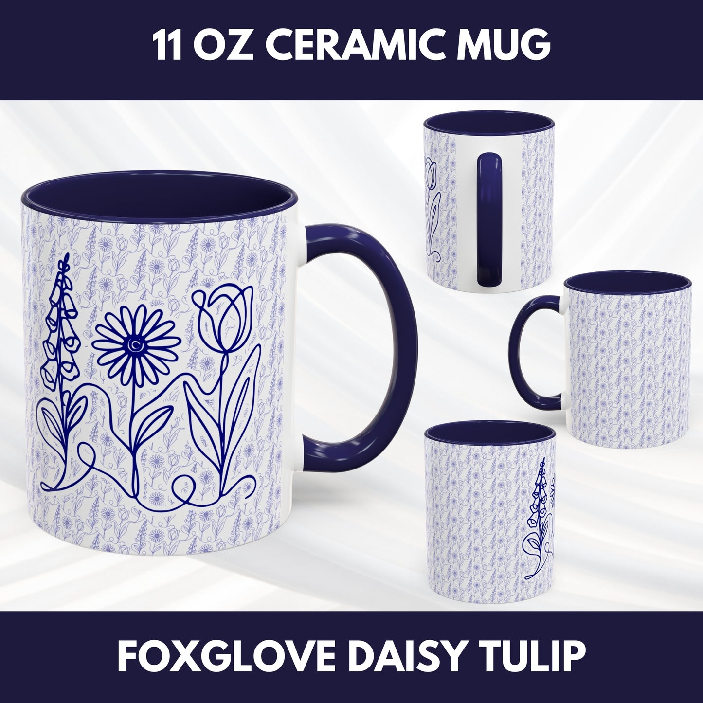 Subtle FDT Flowers Pattern Accent Coffee Mug | Foxglove Daisy Tulip Tea Cup (2 Sizes)