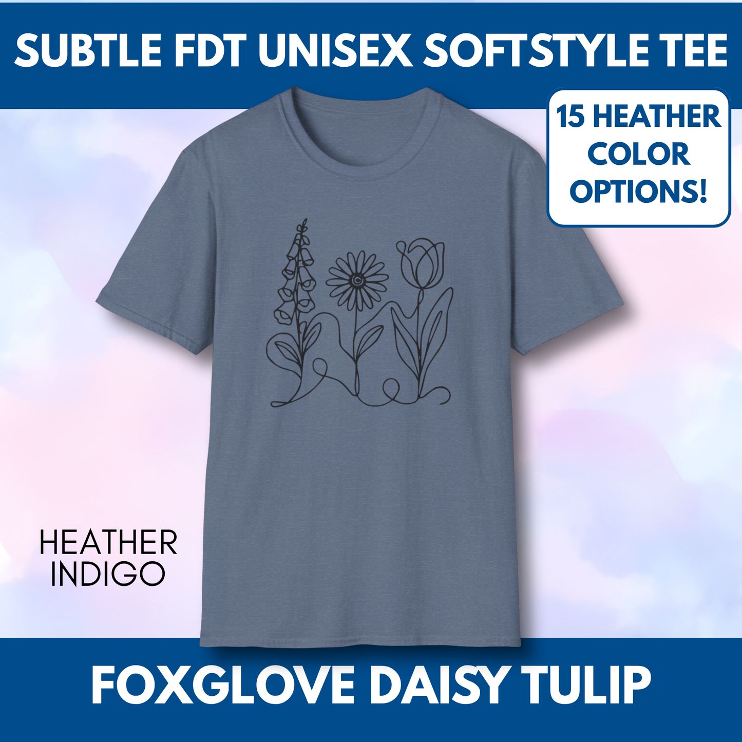 Foxglove Daisy Tulip Heather Graphic Tee | Subtle FDT Political Activist Unisex T-Shirt (15 Heather Colors)