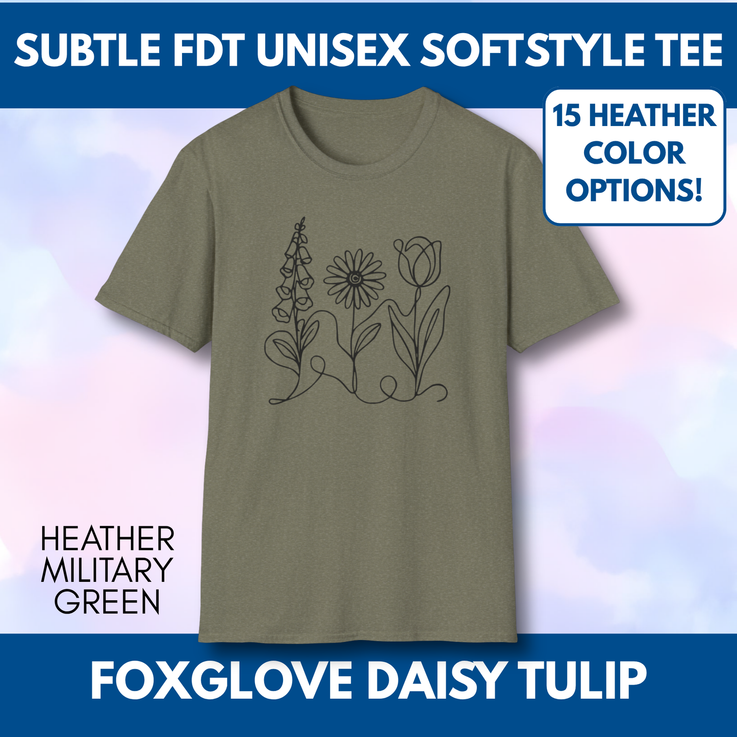 Foxglove Daisy Tulip Heather Graphic Tee | Subtle FDT Political Activist Unisex T-Shirt (15 Heather Colors)