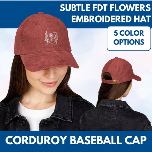 Foxglove Daisy Tulip Vintage Corduroy Baseball Cap | Subtle FDT Flowers Embroidered Hat