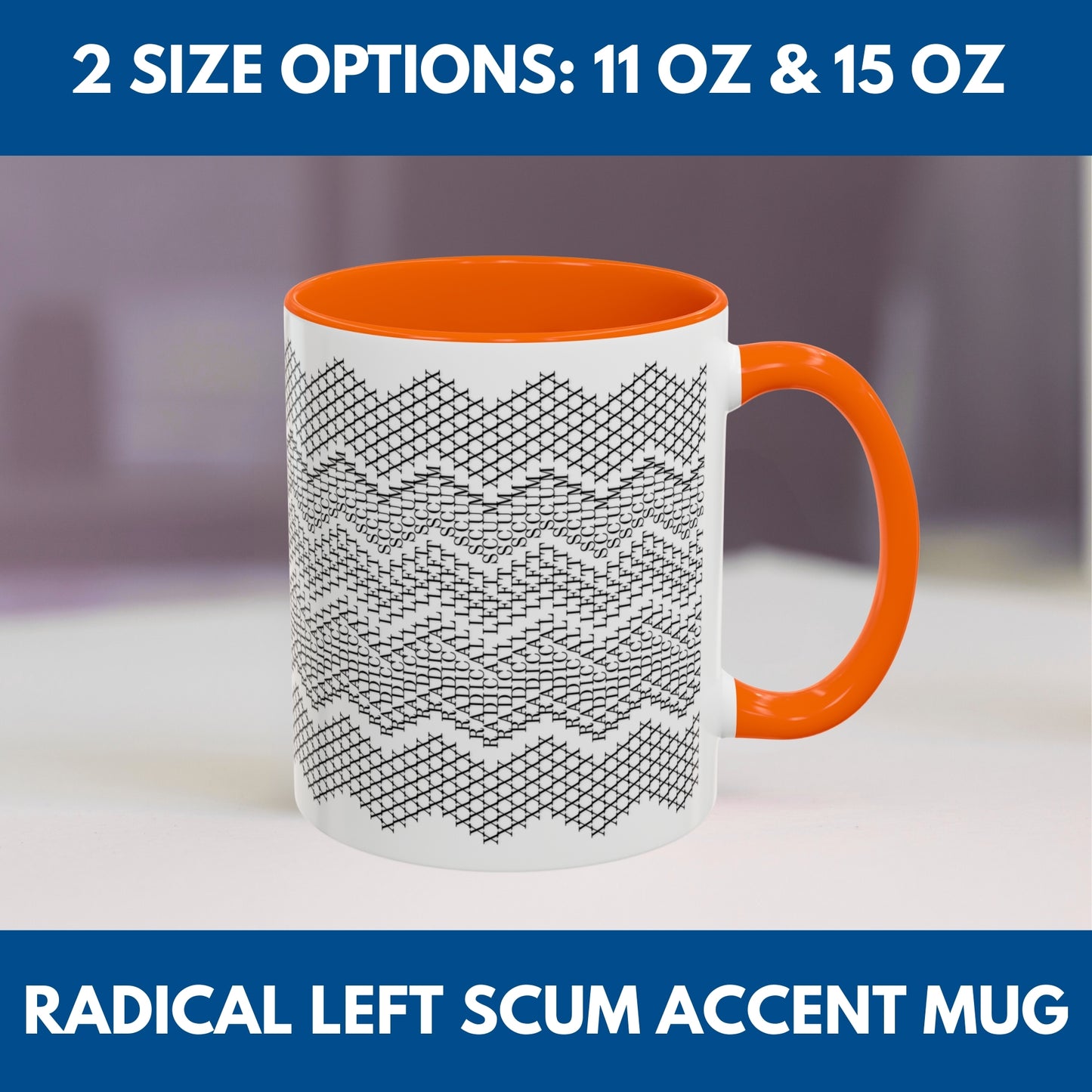 Radical Left Scum Hidden Message Mug | Black and White Knit Chevron Coffee Cup, Color Accent Handle, 11 oz/15 oz