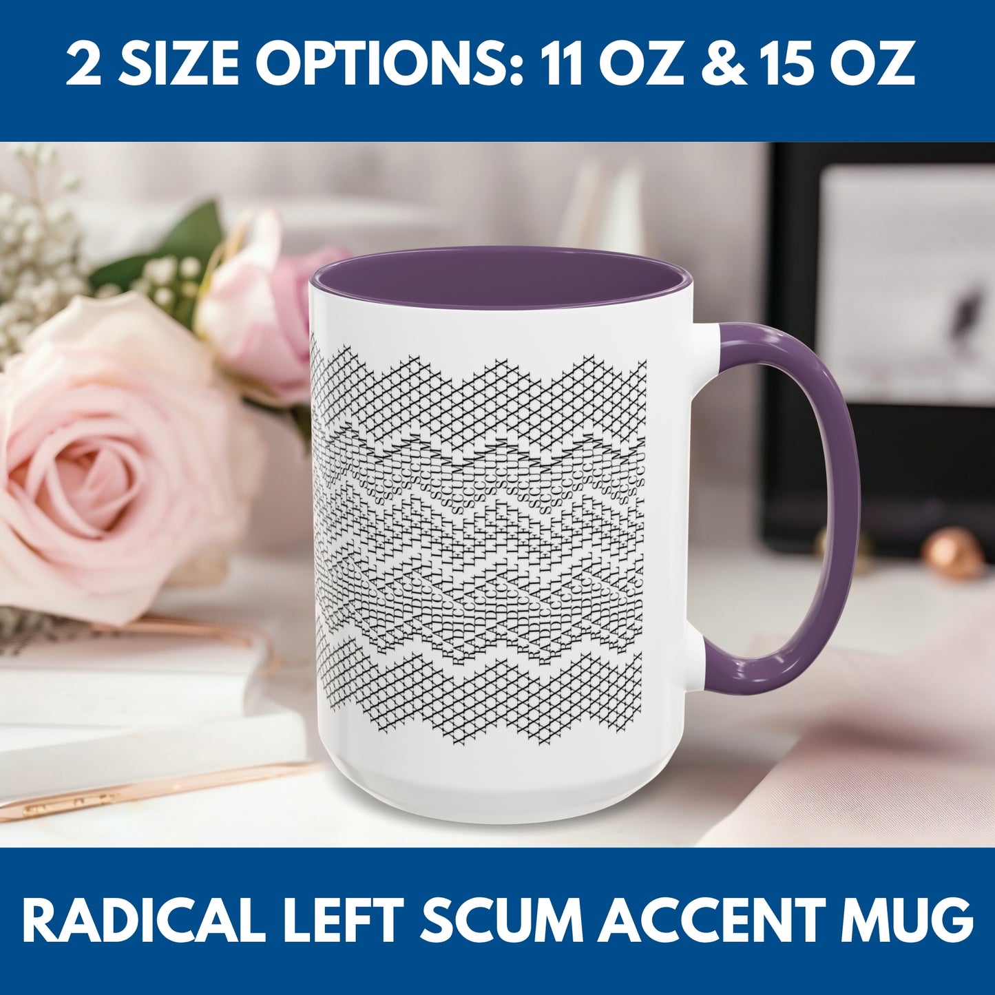 Radical Left Scum Hidden Message Mug | Black and White Knit Chevron Coffee Cup, Color Accent Handle, 11 oz/15 oz