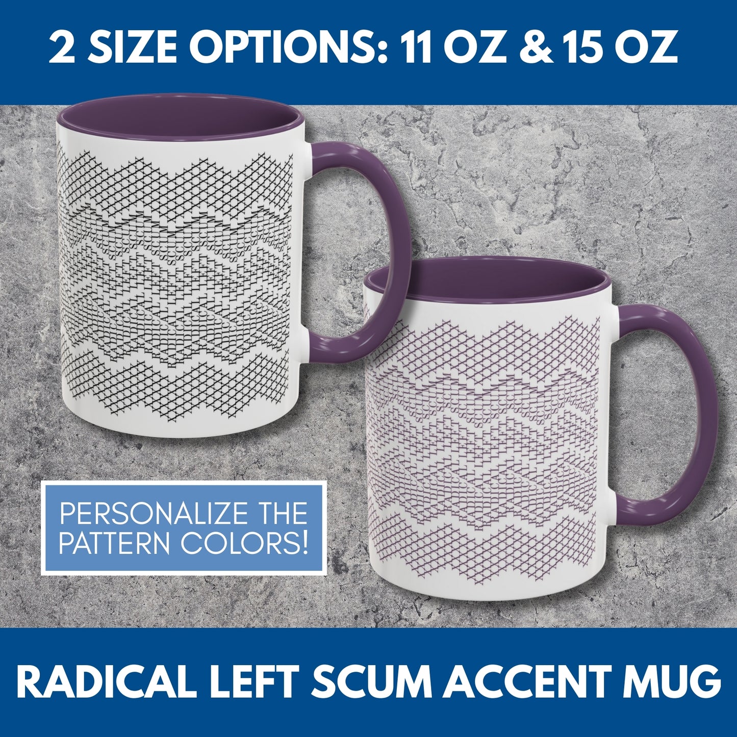 Radical Left Scum Hidden Message Mug | Black and White Knit Chevron Coffee Cup, Color Accent Handle, 11 oz/15 oz