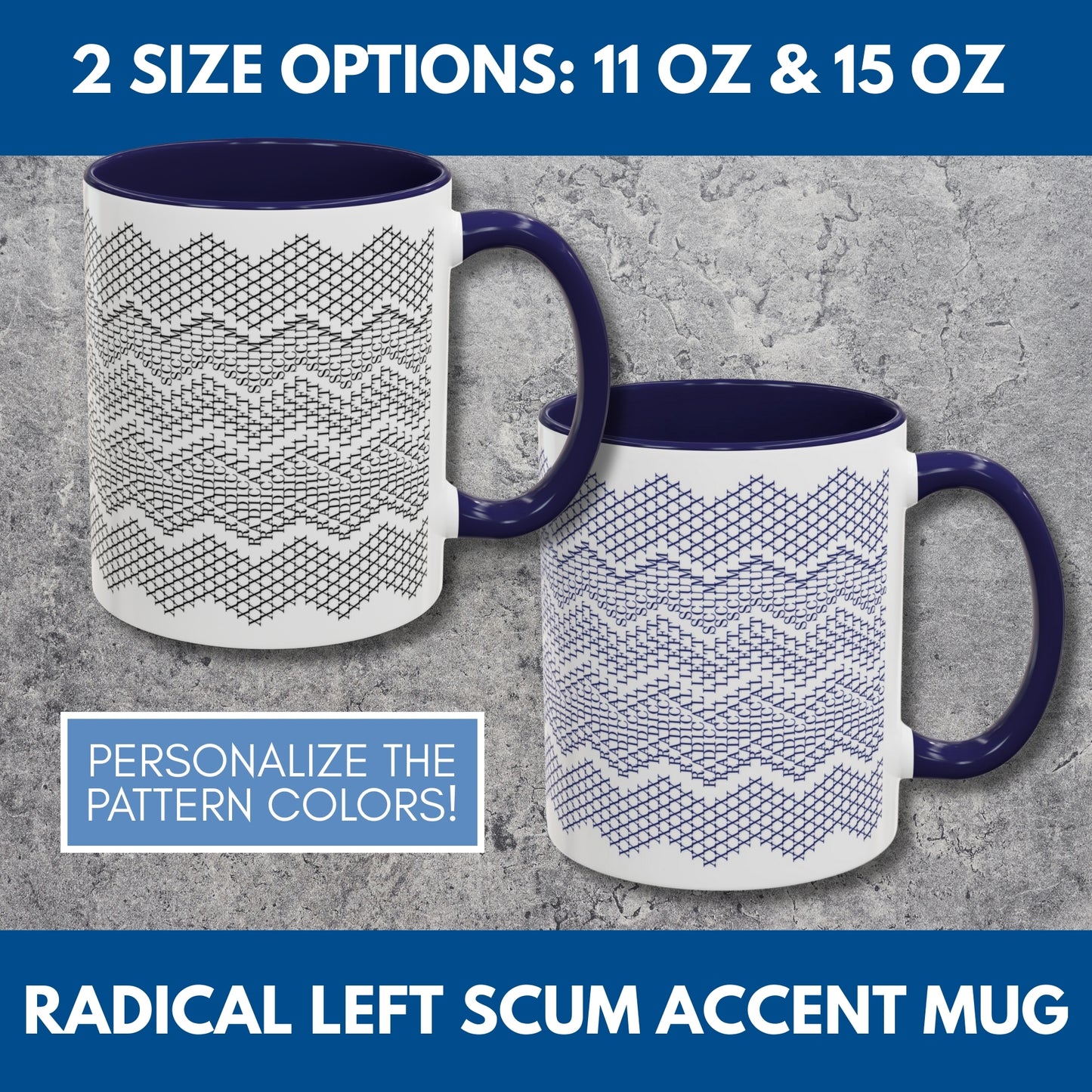 Radical Left Scum Hidden Message Mug | Black and White Knit Chevron Coffee Cup, Color Accent Handle, 11 oz/15 oz