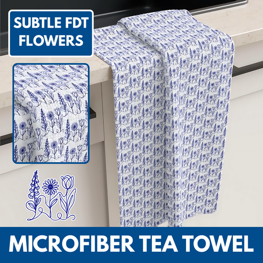 Subtle FDT Flowers Microfiber Tea Towel | Blue & White Floral, Foxglove Daisy Tulip Kitchen Towel