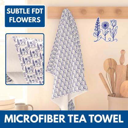Subtle FDT Flowers Microfiber Tea Towel | Blue & White Floral, Foxglove Daisy Tulip Kitchen Towel
