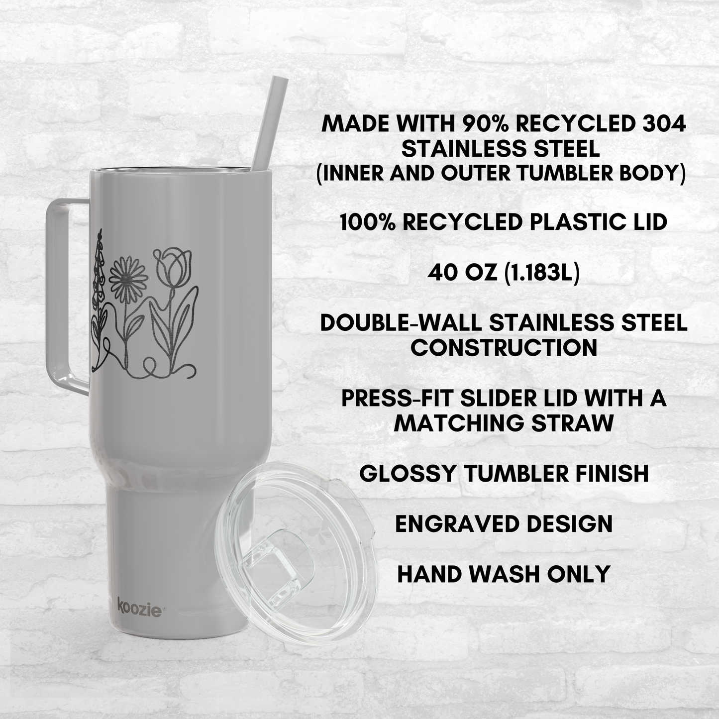 Subtle FDT Flowers Engraved 40 oz Tumbler | Travel Mug, Eco-Friendly Gift (Foxglove Daisy Tulip, Single Sided Design)