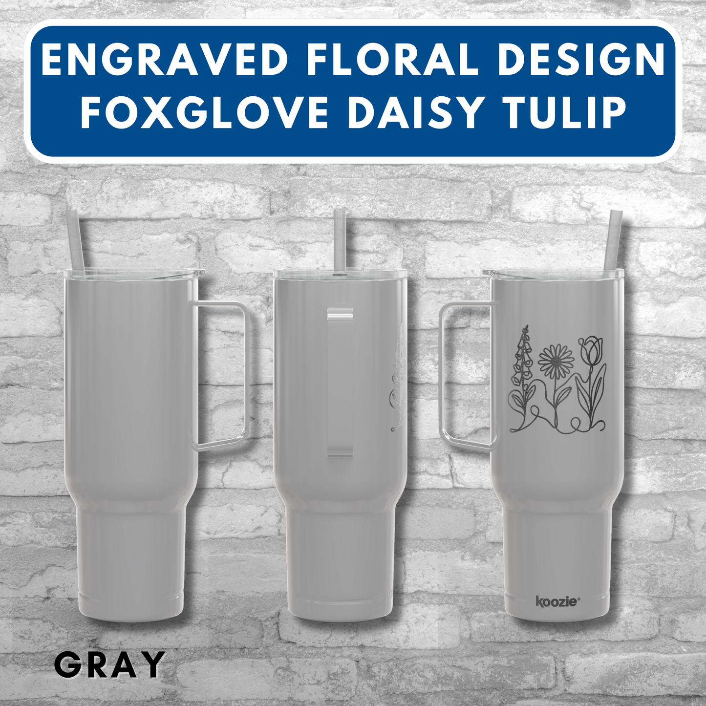 Subtle FDT Flowers Engraved 40 oz Tumbler | Travel Mug, Eco-Friendly Gift (Foxglove Daisy Tulip, Single Sided Design)