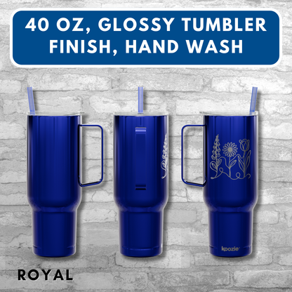 Subtle FDT Flowers Engraved 40 oz Tumbler | Travel Mug, Eco-Friendly Gift (Foxglove Daisy Tulip, Single Sided Design)