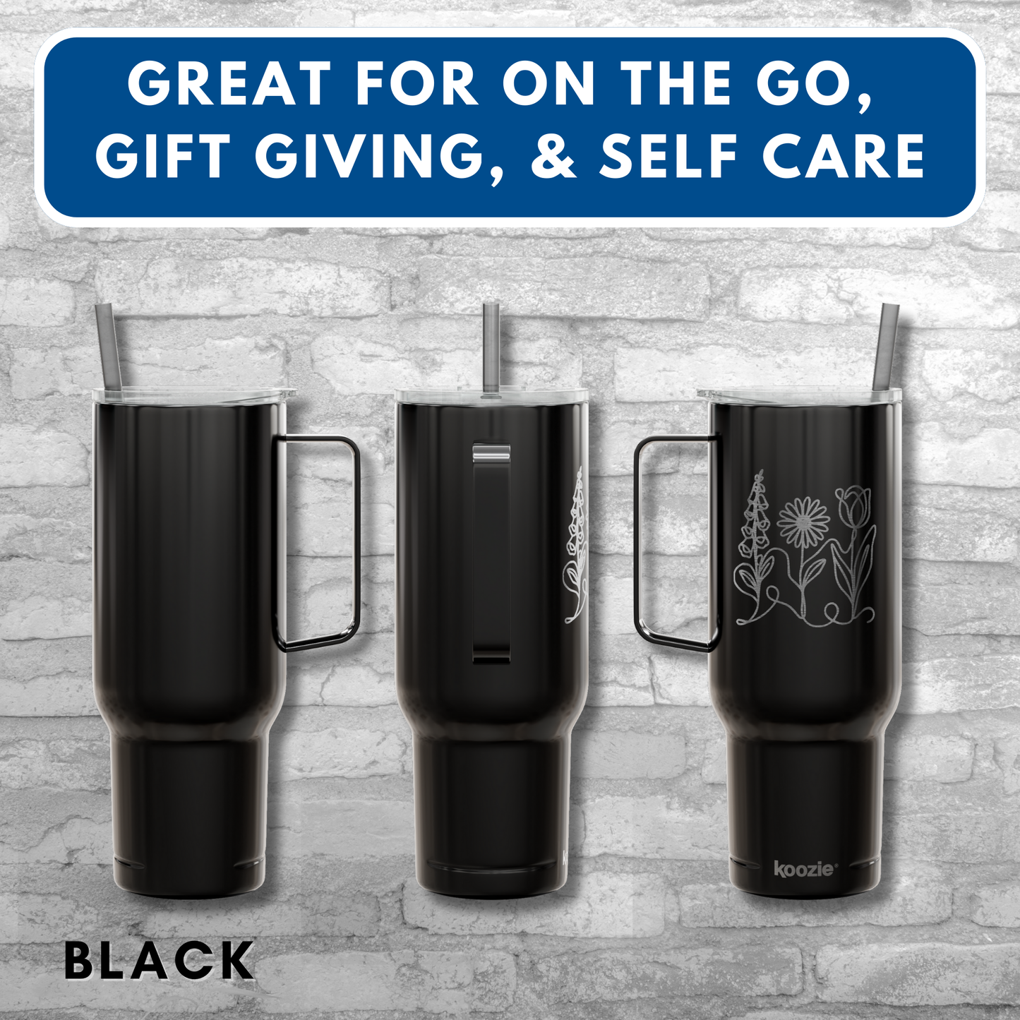 Subtle FDT Flowers Engraved 40 oz Tumbler | Travel Mug, Eco-Friendly Gift (Foxglove Daisy Tulip, Single Sided Design)