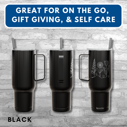 Subtle FDT Flowers Engraved 40 oz Tumbler | Travel Mug, Eco-Friendly Gift (Foxglove Daisy Tulip, Single Sided Design)