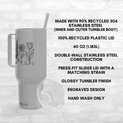 Subtle FDT Flowers Engraved 40 oz Tumbler | Travel Mug, Eco-Friendly Gift (Foxglove Daisy Tulip, Double Sided)