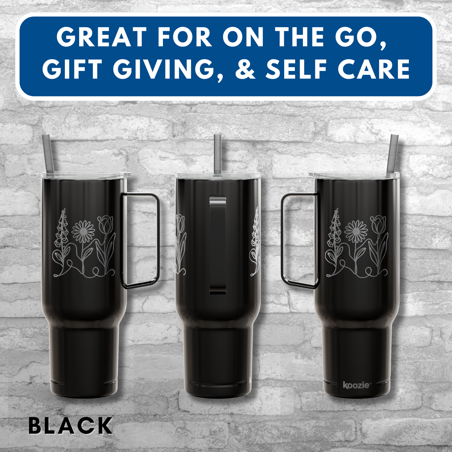 Subtle FDT Flowers Engraved 40 oz Tumbler | Travel Mug, Eco-Friendly Gift (Foxglove Daisy Tulip, Double Sided)