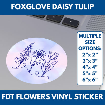 Subtle FDT Flowers Sticker | Foxglove, Daisy, Tulip, Floral Line Art Vinyl Decals