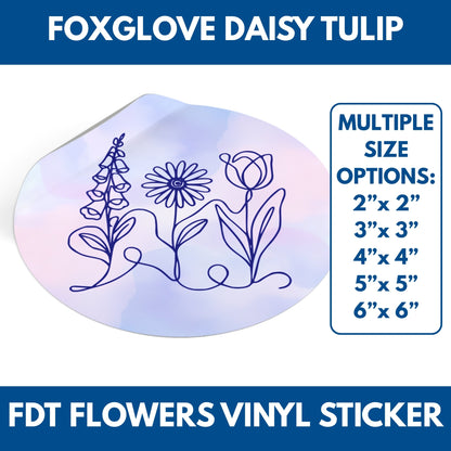 Subtle FDT Flowers Sticker | Foxglove, Daisy, Tulip, Floral Line Art Vinyl Decals