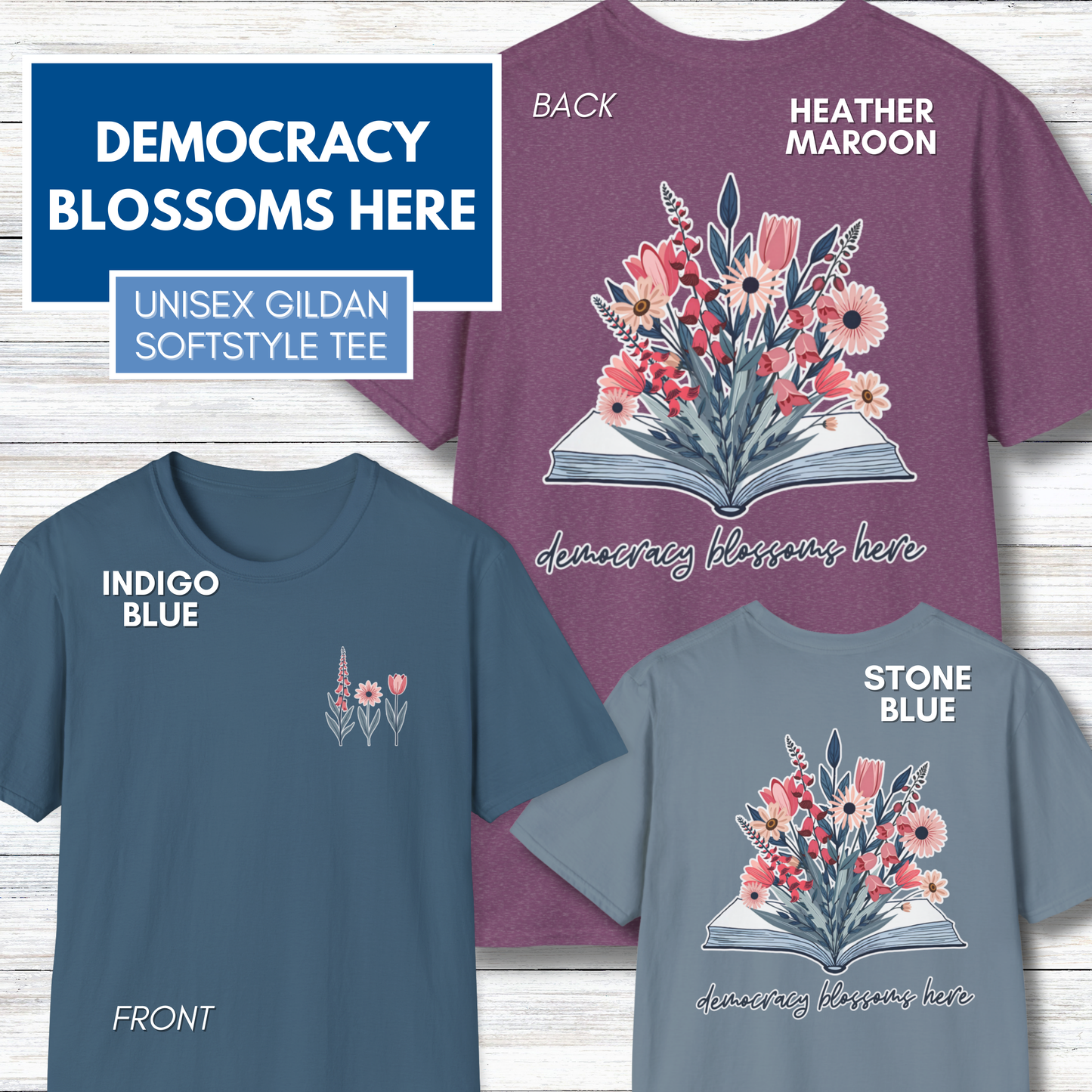 Floral Book Bouquet Unisex T-Shirt | Democracy Blossoms Here - Foxglove Daisy Tulip