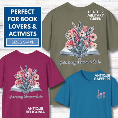 Floral Book Bouquet Unisex T-Shirt | Democracy Blossoms Here - Foxglove Daisy Tulip