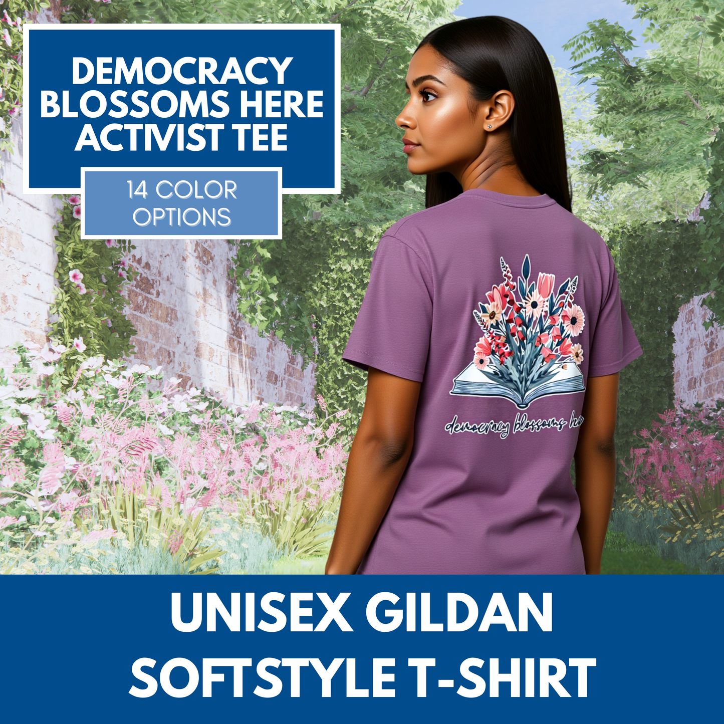 Floral Book Bouquet Unisex T-Shirt | Democracy Blossoms Here - Foxglove Daisy Tulip