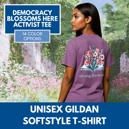 Floral Book Bouquet Unisex T-Shirt | Democracy Blossoms Here - Foxglove Daisy Tulip