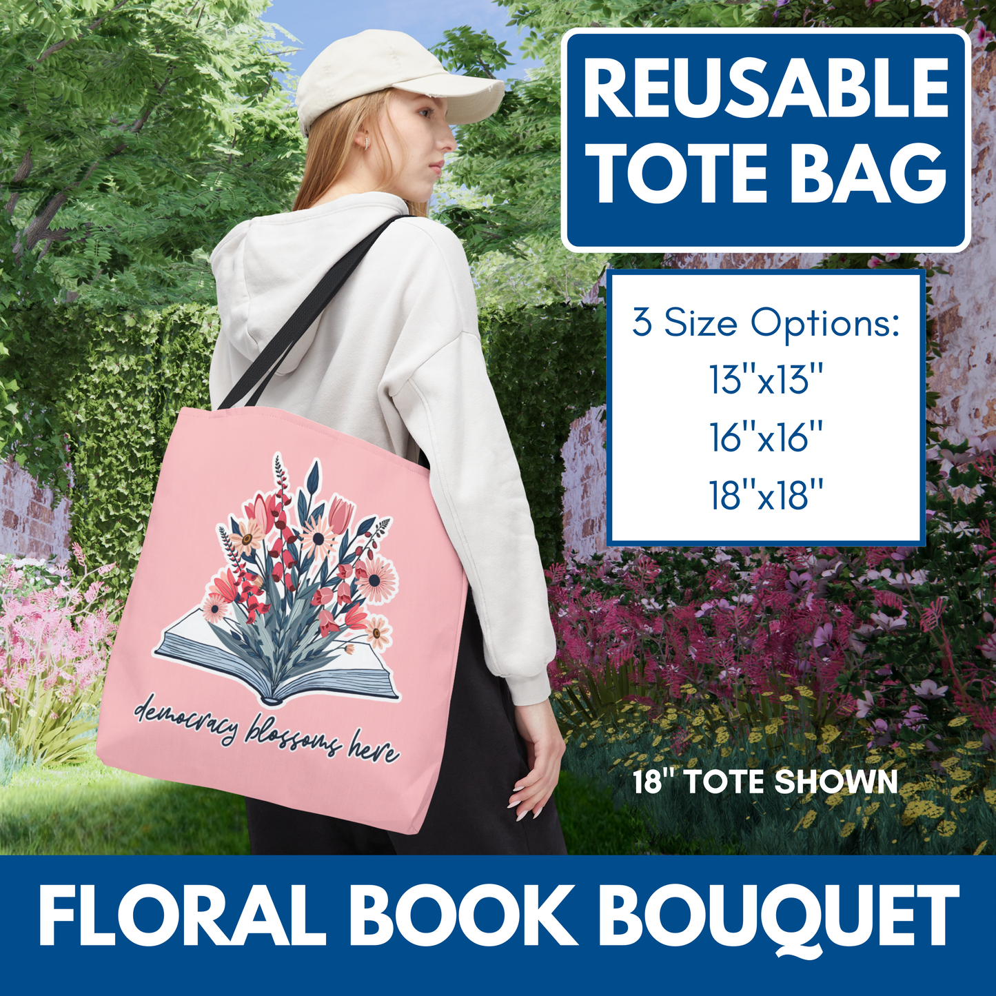 Floral Book Bouquet Library Bag | Reusable Tote - Floral Foxglove Daisy Tulip
