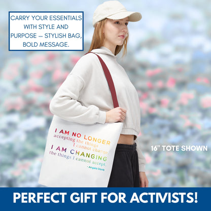 No Longer Accepting, I Am Changing Tote Bag | White/Rainbow Angela Davis Quote Political Activist Carry All