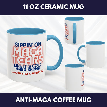 Sippin' on MAGA Tears Liberal Latte Coffee Mug | Color Accent Handle (11 oz or 15 oz)
