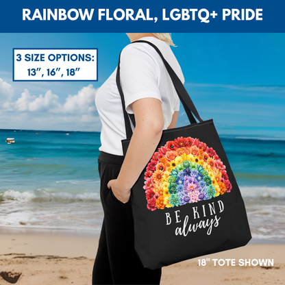 Be Kind Floral Rainbow Tote Bag | Eco-Friendly Reusable Shopping Bag, Beach Tote, Library Bag